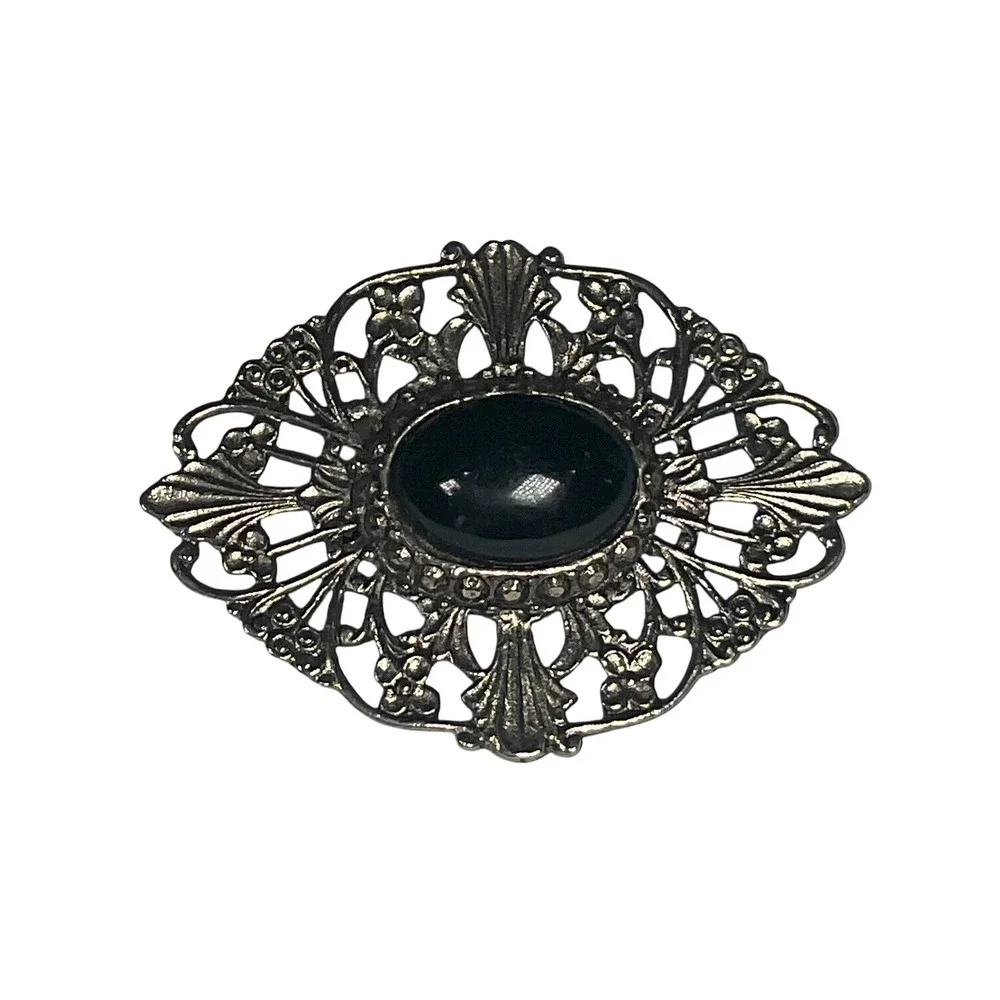 Vintage 1950s Mid-Century Silver Plated Filigree Brooch Pin with Black Cabochon